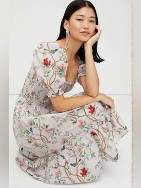Hill House Home Smocked Louisa Nap Midi Dress Diane Pink Floral Garden Print M